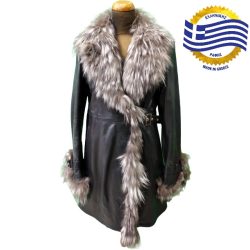 MRT001 Γυναικείο Δερμάτινο Παλτό, ίσιο με γιακά γούνα και ζώνη